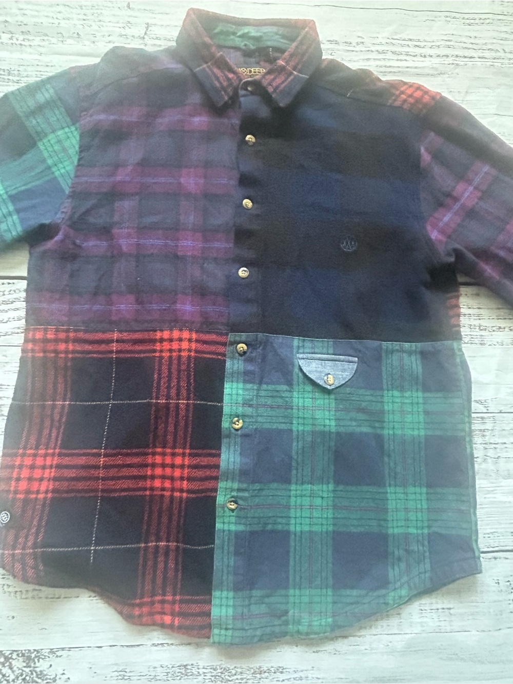 10.Deep Men's Mixed Plaid Button-Down Shirt Jacket in Green, Red & Blue